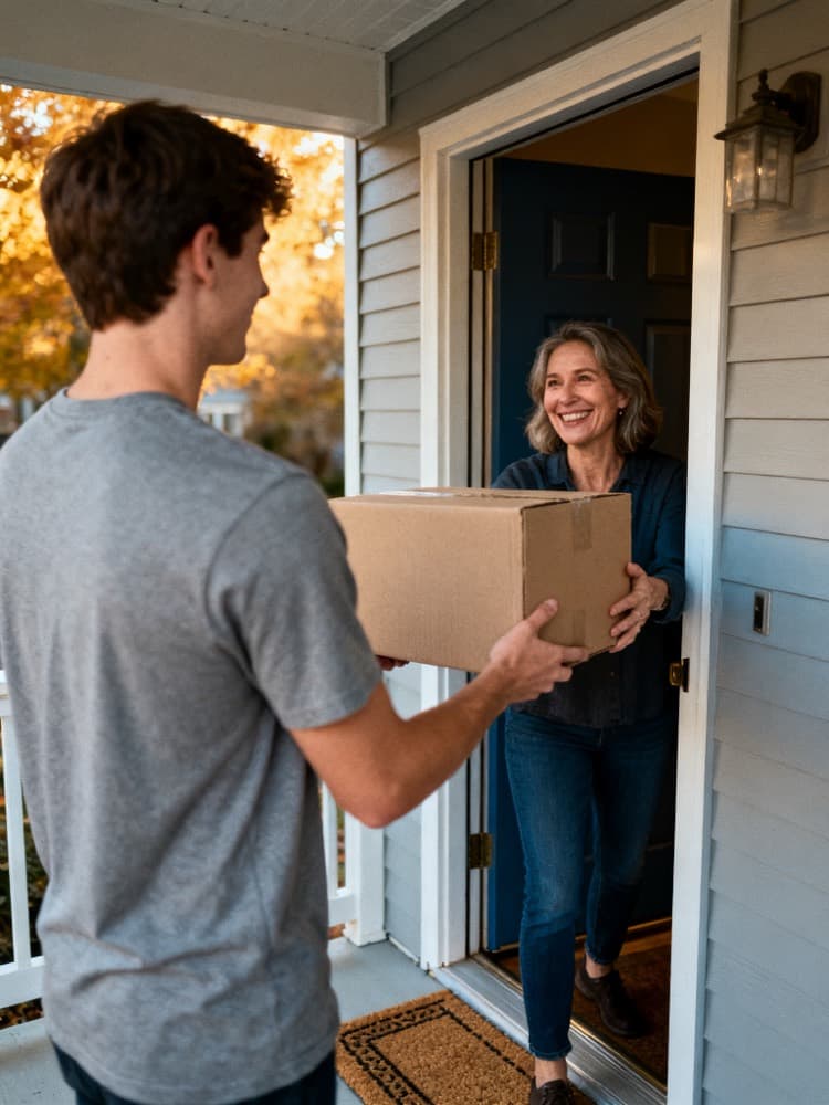 A box being handed to a smiling woman at her front door