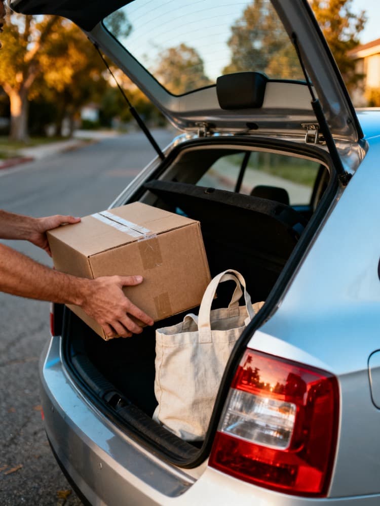 Hands sliding a cardboard box into the open hatchback of a car
